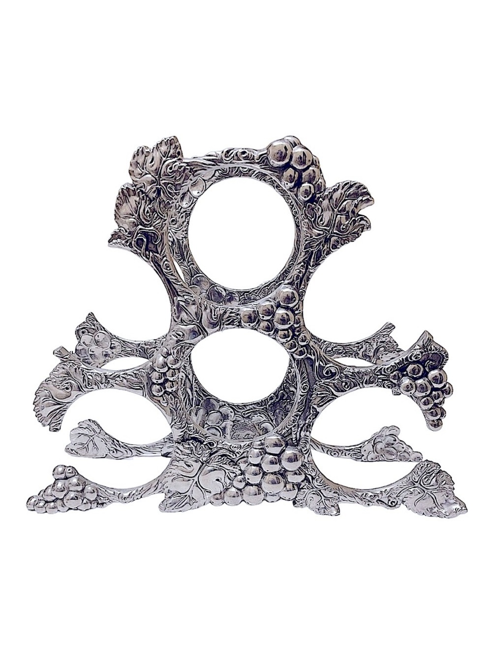 ARTHUR COURT 2004 WINE HOLDER CAST ALUMINUM 6 BOTTLE RACK SILVER GRAPES LEAVES